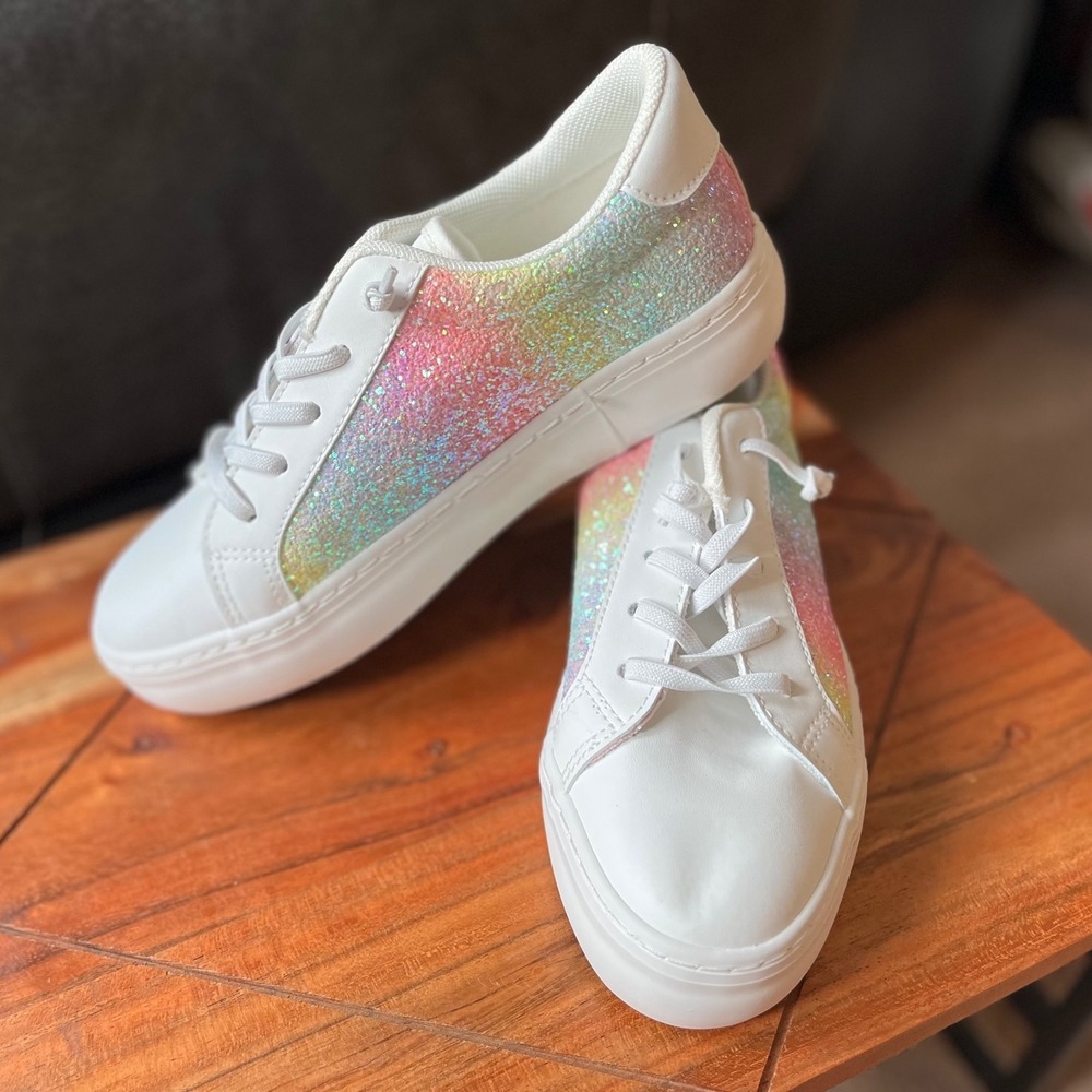 Glitter Rainbow Sneakers White Lace Up Casual Shoes Women's Size EU 38/US 7.5‎